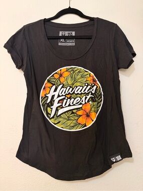 Hawaii's Finest Black Tee with Orange Floral Logo